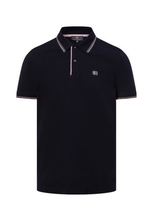 Navyblaues Polohemd mit kurzen Ärmeln, das einen Kragen, zwei Knöpfe und hellrosa Akzente am Kragen und an den Bündchen aufweist. Kleines Logo auf der Brust.