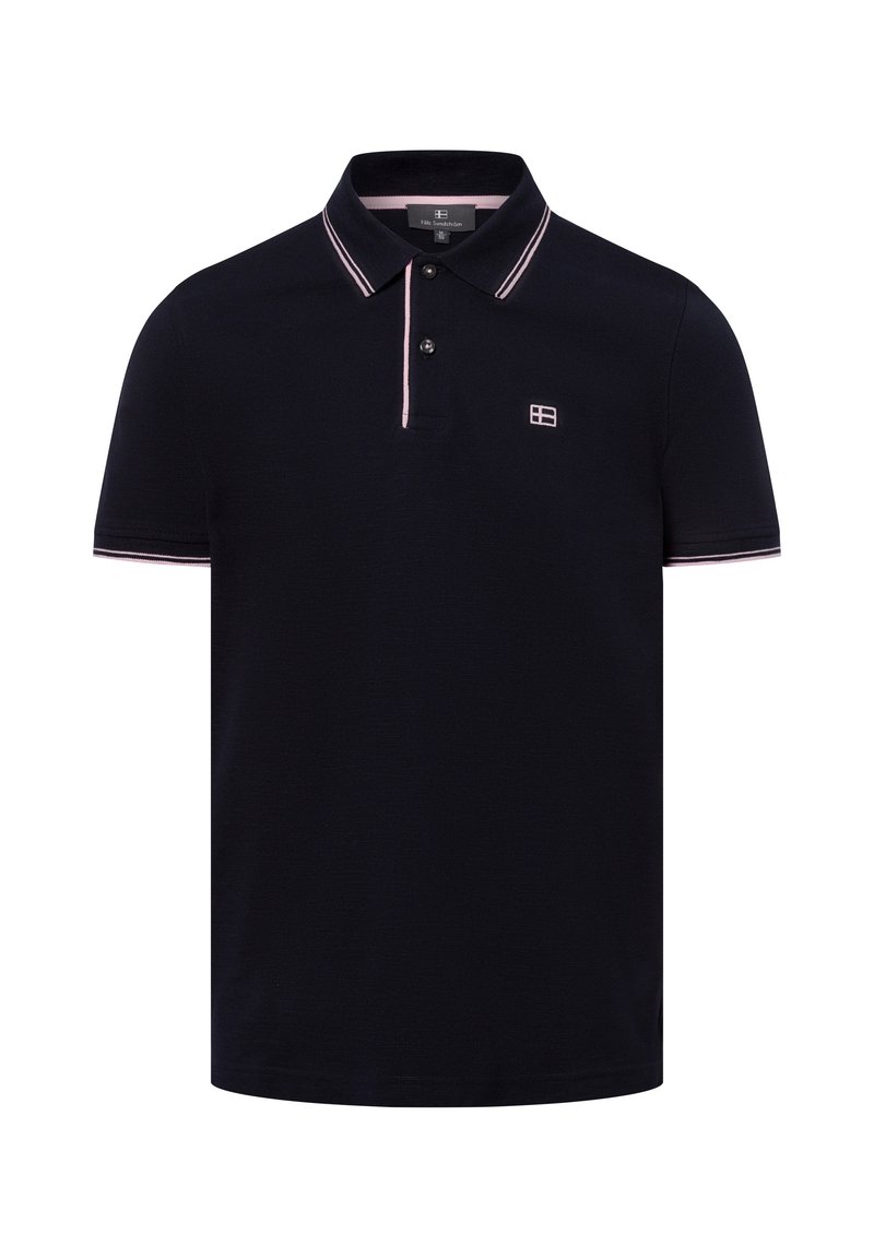 Granatowa koszulka polo z krótkim rękawem, z kołnierzykiem, dwoma guzikami i jasnoróżowymi akcentami na kołnierzyku i mankietach. Małe logo na klatce piersiowej.