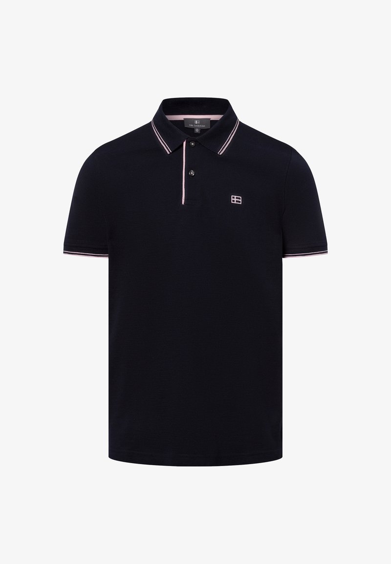 Granatowa koszulka polo z krótkim rękawem, z kołnierzykiem, dwoma guzikami i jasnoróżowymi akcentami na kołnierzyku i mankietach. Małe logo na klatce piersiowej.