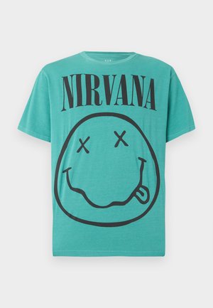 Türkisfarbenes Baumwoll-T-Shirt mit schwarzem "NIRVANA"-Schriftzug und einer großen schwarzen Smiley-Grafik mit gekreuzten Augen und herausgestreckter Zunge.