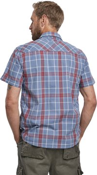 Camicia a maniche corte a quadri in azzurro chiaro con linee rosse e bianche. Caratterizzata da un colletto button-down e un tessuto morbido con una vestibilità comoda.