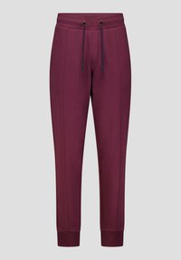 Bordeaux joggingbroek met een koordsluiting in de taille, taps toelopende pijpen, ribgebreide boorden en details op de zijnaad. Gemaakt van zachte, gestructureerde stof.