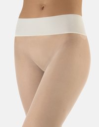 Collant beige trasparenti con una ampia cintura bianca, caratterizzati da una texture liscia e una finitura semi-opaca, progettati per il comfort e la vestibilità.