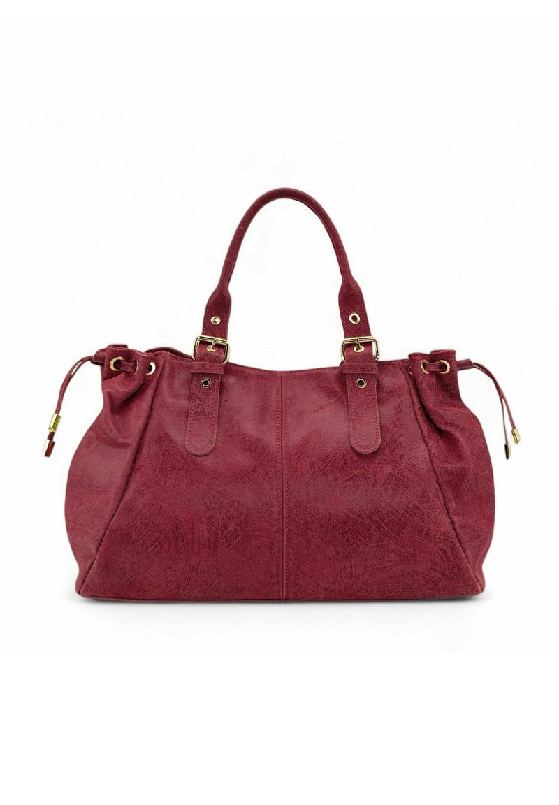 Sac à main rouge en cuir synthétique avec deux poignées, ferrures dorées et côtés froncés. Texture lisse avec un motif subtil sur toute la surface.