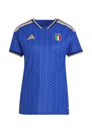 Blue soccer jersey with leaf-pattern texture, gold accents, v-neck design, logo featuring Italian flag, and Adidas branding on shoulders.
