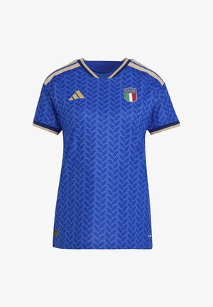 Blue soccer jersey with leaf-pattern texture, gold accents, v-neck design, logo featuring Italian flag, and Adidas branding on shoulders.