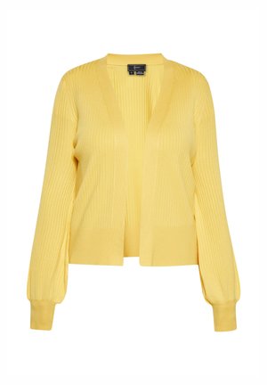 Cardigan jaune à côtes avec des manches longues, ouvert à l'avant et d'une coupe décontractée. Fabriqué en tissu doux, présentant une texture subtile et sans fermetures.