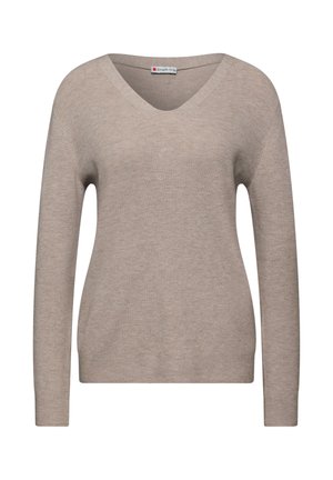 Beige V-paita pitkillä hihoilla. Ribbauskudonta ja rento muotoilu. Valmistettu pehmeästä materiaalista. Labelissa lukee "Street One."