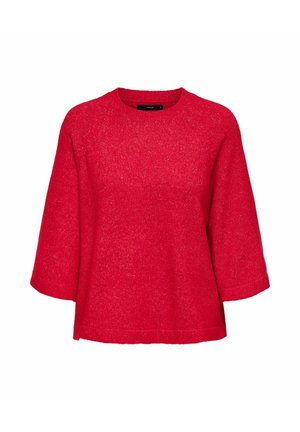 Pull rouge à manches courtes en tissu texturé. Il présente un col rond et une coupe ample, avec un ourlet droit et des détails minimalistes.