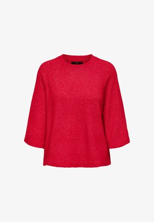 Czerwony sweter z krótkim rękawem wykonany z teksturowanej tkaniny. Ma okrągły dekolt i luźny krój, prosty dół oraz minimalistyczne detale.