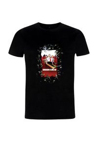 Černé bavlněné tričko s centrálním motivem dvou postav na červeném pozadí a zombie rukama, s názvem "SHAUN OF THE DEAD."