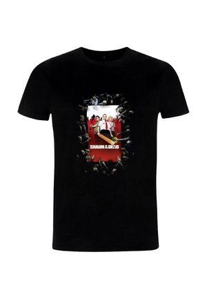 Černé bavlněné tričko s centrálním motivem dvou postav na červeném pozadí a zombie rukama, s názvem "SHAUN OF THE DEAD."