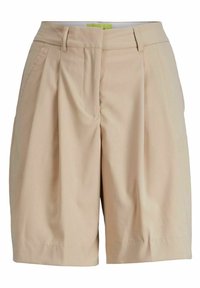 Béžové krátké kalhoty na míru s záhyby, vyrobené z lehké tkaniny. Mají přední zip a dvě boční kapsy. Hladká textura, klasický střih.