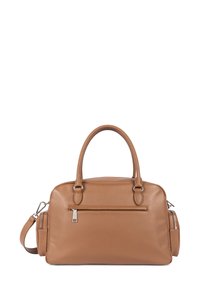 Borsa in pelle color tan con un design strutturato, doppio manico superiore, una tracolla removibile e una tasca anteriore con zip.