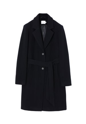 Cappotto in misto lana blu navy con colletto a soffietto, chiusura a due bottoni e vita regolabile con cintura. Presenta maniche lunghe e una texture liscia.