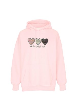 Lyserød hættetrøje med tre stribede hjerter og teksten "Pink is for Life" broderet foran, med frontlomme og snoretræk.