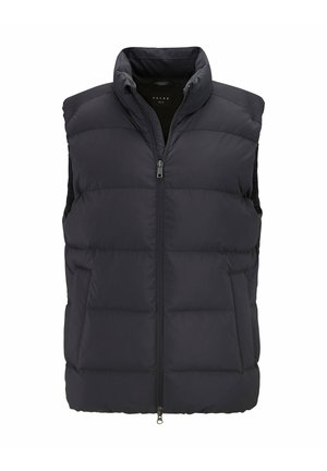 Schwarze, gesteppte, ärmellose Steppweste mit hohem Kragen, Frontreißverschluss und Seitentaschen, entwickelt für kaltes Wetter.