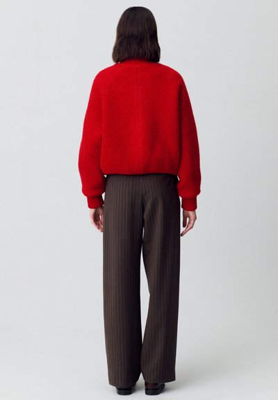 Maglione rosso con texture e colletto alto, abbinato a pantaloni larghi a righe marroni, visto da dietro.