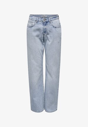 Šviesiai mėlynos tiesios kojų džinsai su aukštu liemeniu, pagaminti iš džinsinio audinio. Turi klasiką penkių kišenių dizainą ir subtilų nusidėvėjimą.