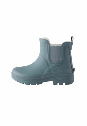 Korte blauwe rubberen enkellaars voor regen met treklus, elastisch zijpaneel en witte fleece voering.