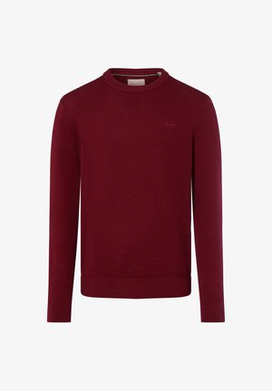 Pull en tricot bordeaux avec un motif texturé, col rond et manches longues. Logo de marque discret sur la poitrine, poignets et ourlet côtelés.