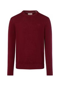 Burgundowa dzianinowa sweter z teksturowanym wzorem, okrągłym dekoltem i długimi rękawami. Dyskretne logo marki na piersi, ściągacze przy rękawach i u dołu.