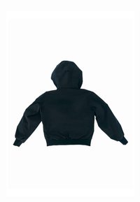 Schwarze Kapuzenjacke von hinten gezeigt, mit langen Ärmeln, gerippten Bündchen und einem gerippten Taillenbund auf weißem Hintergrund.