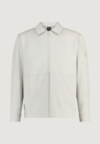 Veste zippée gris clair avec col, manches longues et un discret écusson logo sur le bras gauche.