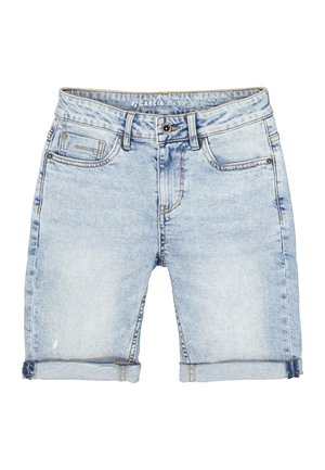 Lichtblauwe denim shorts met opgerolde zomen, voorste knoop, ritssluiting, riemlussen en ontwerp met vijf zakken.