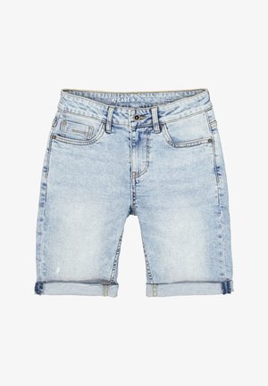 Lichtblauwe denim shorts met opgerolde zomen, voorste knoop, ritssluiting, riemlussen en ontwerp met vijf zakken.