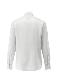 Weißes Langarmhemd mit hellgrauen vertikalen Streifen, Knopfmanschetten und klassischem Kragen. Glatte Fabric-Oberfläche, Rückansicht gezeigt.