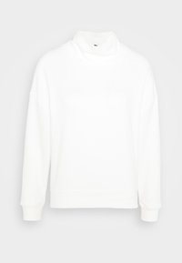 Sudadera blanca de cuello alto con un corte relajado, hombros caídos, mangas largas y puños y bajo de canalé. Textura suave, diseño minimalista.