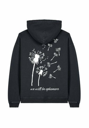 Sweat à capuche noir avec un graphique de pissenlit blanc et le texte "nous serons éphémères" imprimé au dos. Tissu doux, coupe décontractée et design à capuche.