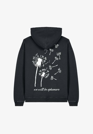 Felpa nera con grafiche bianche di dente di leone e la scritta "we will be ephemere" stampata sul retro. Tessuto morbido, vestibilità comoda e design con cappuccio.