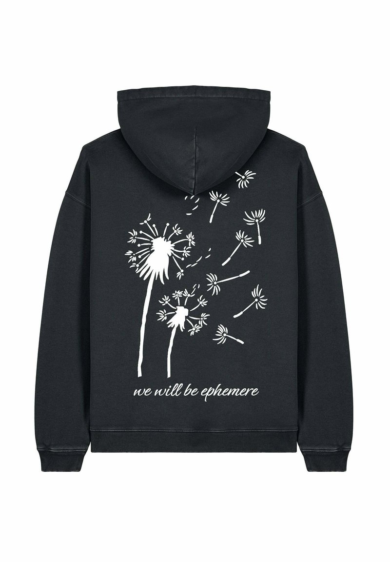 Felpa nera con grafiche bianche di dente di leone e la scritta "we will be ephemere" stampata sul retro. Tessuto morbido, vestibilità comoda e design con cappuccio.