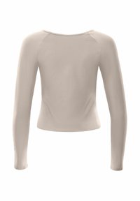 Long-sleeve top in light beige fabric, featuring a rounded neckline and fitted design. Smooth texture with no visible patterns or embellishments.