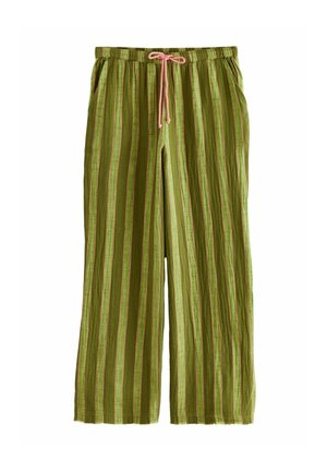 Pantalon vert à jambes larges avec des rayures verticales roses et beiges, taille élastiquée, poches latérales et cordon rose à nouer à l'avant.