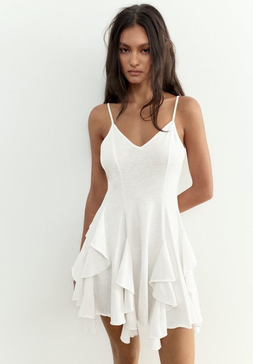pull&bear strappy asymmetric ruffle hem mini dress in pale pink Women's Dresses online A-line Wedding Dress Ivanel Dresses/Shop by Event Color:Ivory/Gold/Silver or casual spring outings.