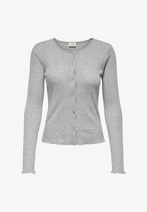 Gray long-sleeve cardigan made of ribbed fabric, featuring a rounded neckline, button closure, and frayed hem details.