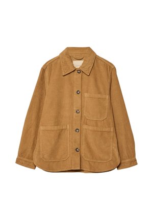 Veste en velours côtelé marron à boutons, avec trois poches avant et manches longues, dotée d'un col classique et de détails de coutures visibles.
