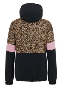 Kapuzenshirt mit einem oberen Teil im Leopardenmuster in Beige und Schwarz, einem rosa Streifen in der Mitte und einem schwarzen unteren Abschnitt; elastische Bündchen und Saum.