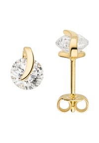 Ohrringe mit goldfarbener Beschichtung, versehen mit klaren Kristallsteinen in runden und diamantförmigen Designs, und einem geschwungenen Akzent für zusätzliche Details.