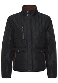 Veste matelassée noire avec col montant, fermeture éclair frontale et boutons-pression, trois poches zippées et deux poches à rabat avec boutons.