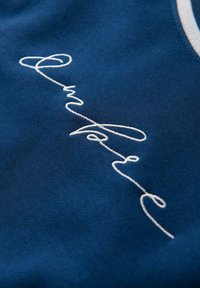 Modrá látka s bílým vyšitým kurzívním textem "Výzva" a malou částí bílého límce viditelnou.