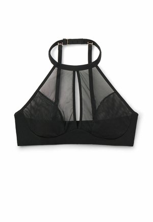 Schwarze transparente Netz-Halter-Bralette mit Unterbruststütze und verstellbarem Schnallenverschluss am Nackenriemen, flach auf weißem Hintergrund ausgelegt.