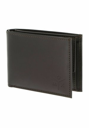 Dark brown leather bifold wallet with subtle stitched edges and a small embossed logo on the lower right corner.