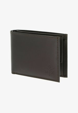 Portefeuille bifold en cuir marron foncé avec des bords subtilement cousus et un petit logo embossé dans le coin inférieur droit.