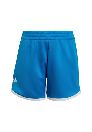 Niebieskie sportowe szorty z elastycznym pasem, białą lamówką u dołu i małym białym logo Adidas na lewej nodze.