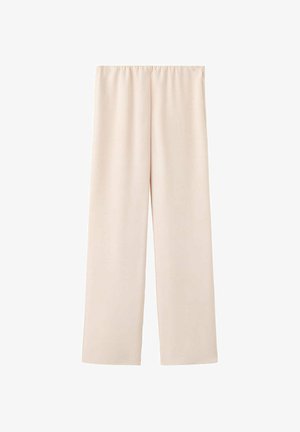Pantalones de pierna ancha color crema con cintura elástica, mostrados planos sobre un fondo blanco.