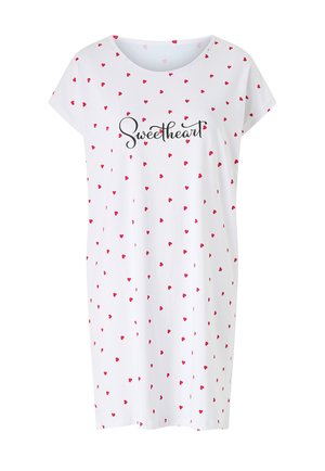 Hvid natkjole lavet af blødt stof med rund hals, korte ærmer og et mønster af små røde hjerter med ordet "Sweetheart" i sort.